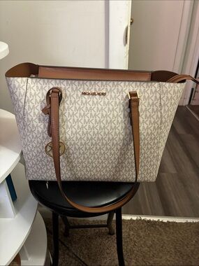 Michael Kors Beige Signature Tote with Brown Trim